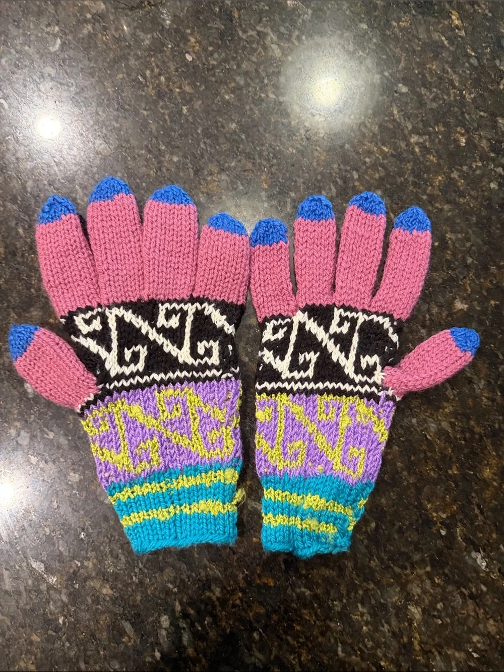 Pink Multicolor Knit Patterned Gloves Adult-sized